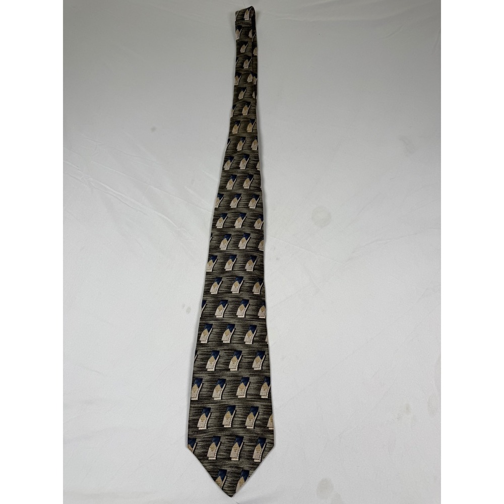 Pierre Cardin Mens Silk Necktie Abstract Geometric Olive Green Navy Blue Vintage
